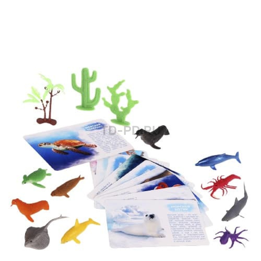 Набор животных с обучающими карточками «Подводный мир», животные пластик, карточки, по методике Монтессори